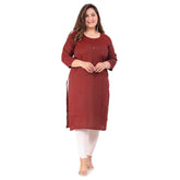Maroon bandhni printed capsule straight kurti for women's office wear, 3/4th sleeve with side slit detail